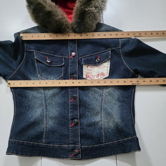 Vtg Ecko Red Jacket Women 14 Denim Faux Fur Hood No Pockets Lined Y2K Runs Small - Picture 4 of 16